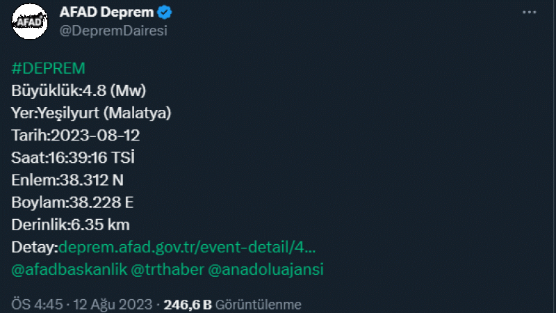 Malatya'da peş peşe 4,8 ve 4,5 şiddetinde iki deprem! Çevre illerden de hissedildi..!