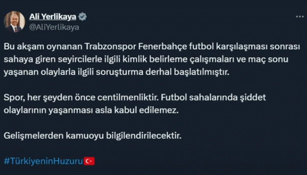 Trabzonspor Fenerbahçe maçının ardından İçişleri Bakanlığı devreye girdi..!!!